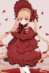 1girl black_bow black_bowtie blonde_hair bloomers blue_eyes blunt_bangs blush bonnet bow bowtie brooch capelet closed_mouth commentary_request dress drill_hair drill_sidelocks expressionless feet_out_of_frame flower_brooch frilled_capelet frilled_dress frilled_sleeves frills grey_background highres lolita_fashion long_hair long_sleeves looking_at_viewer petals quad_drills red_capelet red_dress red_headwear rozen_maiden shinku sidelocks simple_background solo standing stella_(pokopokobanana) twintails underwear very_long_hair white_bloomers
