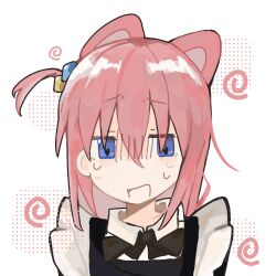 1girl alternate_costume animal_ears apron black_bow black_bowtie black_dress blue_eyes bocchi_the_rock! bow bowtie cat_ears chinese_commentary collared_shirt commentary_request cube_hair_ornament dress enmaided frilled_apron frills gotoh_hitori hair_between_eyes hair_ornament kan_yi_beizi_nutong_ba kemonomimi_mode long_hair looking_at_viewer maid nervous nervous_smile nervous_sweating one_side_up open_mouth pink_hair shirt shirt_under_shirt smile solo spiral straight-on sweat turn_pale upper_body white_apron white_background white_shirt