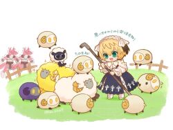 1girl apollo_(fate) blonde_hair chibi commentary_request dress dumuzid_(fate) fate/grand_order fate_(series) fence frilled_hairband frills gareth_(fate) green_eyes hairband hmr_alter7 holding holding_lead_pipe lead_pipe meadow sheep twitter_username werewolf wooden_fence zerco_(fate)