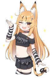 Rule 34 | 1girl, :d, alternate costume, animal ear fluff, animal ears, black choker, blonde hair, blush, bow, brown eyes, cat ears, cat girl, cat tail, choker, cowboy shot, crop top, fang, hair tattoo, highres, kenken (keuken), long hair, looking at viewer, miniskirt, multicolored hair, multicolored tail, navel, off-shoulder shirt, off shoulder, one eye closed, open mouth, orange tail, original, pleated skirt, serika (kenken), shirt, side ahoge, skirt, smile, solo, sparkle, spotted tail, standing, striped arm warmers, striped clothes, striped thighhighs, tail, tail bow, tail ornament, thighhighs, white background, white hair, zettai ryouiki