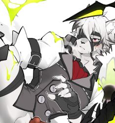 1boy animal_ears animal_penis ascot black_gloves blush claws colored_tips commentary cropped english_commentary ethereal_(zenless_zone_zero) eyepatch fingerless_gloves furry furry_male gloves grey_vest highres male_focus multicolored_hair paid_reward_available penis penis_peek red_ascot shirt shoko_contane sweat vest von_lycaon white_background white_shirt wolf_boy wolf_ears zenless_zone_zero