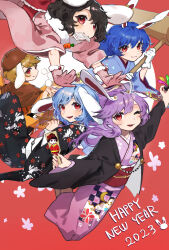 2023 5girls animal_ears black_hair black_kimono blonde_hair blue_hair blue_kimono brown_headwear cabbie_hat chinese_zodiac closed_mouth dango floppy_ears floral_print food gloves hagoita hair_between_eyes hanetsuki happy_new_year hat highres holding inaba_tewi japanese_clothes kimono kine long_hair long_sleeves mallet multiple_girls new_year one_eye_closed open_mouth orange_kimono paddle pink_kimono print_kimono purple_hair rabbit_ears red_eyes reisen_(touhou_bougetsushou) reisen_udongein_inaba ringo_(touhou) seiran_(touhou) short_hair smile teruteru_(teru_teru) touhou wagashi white_gloves wide_sleeves year_of_the_rabbit