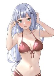 1girl absurdres b1ack_illust bikini blue_eyes blue_hair blush bow breasts cleavage collarbone dot_nose front-tie_bikini_top front-tie_top hair_bow hair_ornament hairpin hands_up highres idolmaster idolmaster_million_live! idolmaster_million_live!_theater_days long_hair looking_at_viewer medium_breasts navel open_mouth red_bikini shiraishi_tsumugi shy simple_background solo standing swimsuit upper_body very_long_hair white_background wince