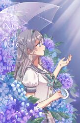 1girl black_hairband blue_pupils blue_sailor_collar bow bowtie buttons collared_shirt double-breasted firefly_(honkai:_star_rail) firefly_(spring_missive)_(honkai:_star_rail) flower gradient_eyes gradient_hair green_bow green_bowtie grey_hair grey_skirt hair_between_eyes hair_intakes hair_tubes hairband highres holding holding_umbrella honkai:_star_rail honkai_(series) long_hair looking_up multicolored_eyes multicolored_hair open_mouth plaid_bow plaid_bowtie plaid_clothes pleated_skirt purple_flower roro_rororo sailor_collar shirt skirt solo teeth transparent transparent_umbrella twitter_username umbrella water_drop white_shirt