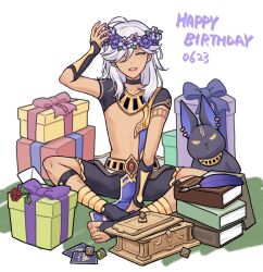 1boy :d ^_^ ancient_egyptian_clothes arm_up belt birthday black_choker black_gloves black_shirt black_shorts book book_stack box card choker closed_eyes collarbone commentary crop_top cyno_(genshin_impact) dark-skinned_male dark_skin dated dice envelope fingerless_gloves flower flower_wreath genius_invokation_tcg genshin_impact gift gift_box gloves gold_trim hair_over_one_eye happy_birthday head_wreath letter long_hair male_focus no_headwear open_mouth padisarah_flower parted_bangs pelvic_curtain playing_card purple_flower quill red_flower red_rose resso_(resso_oo) rose shirt short_sleeves shorts simple_background sitting smile solo stuffed_animal stuffed_toy sumeru_rose_(genshin_impact) swept_bangs symbol-only_commentary teeth upper_teeth_only usekh_collar white_background white_hair