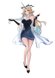 1girl absurdres alternate_costume bare_legs bare_shoulders black_gloves black_shoes blonde_hair blue_eyes blue_hair breasts cleavage collarbone commentary covered_navel crown_of_thorns cup drinking_glass elbow_gloves fleurdelys_(wuthering_waves) full_body gloves hashtag-only_commentary highres holding holding_cup horns large_breasts legs long_hair looking_at_viewer myumyu431 parted_lips pointy_ears shoes simple_background single_horn solo tacet_mark_(wuthering_waves) white_background wuthering_waves yellow_horns