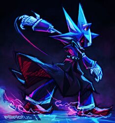 1boy arm_up black_choker choker ellie_lotus glowing glowing_eyes highres humanoid_robot lightning metal_sonic neo_metal_sonic red_eyes robot solo sonic_(series) tagme