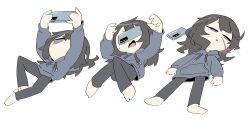 1girl absurdres black_hair black_pants blood blue_eyes blue_hoodie cellphone drawstring dropping flat_color highres holding holding_phone hood hood_down hoodie jitome looking_at_phone medium_hair no_nose nosebleed nosuk open_mouth original pants phone sequential simple_background smartphone solo white_background