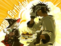 1boy 1girl animal_ear_fluff animal_ears arknights arm_up black_hair black_hat black_jacket black_skirt box brown_hair cake cake_slice chain commentary cuffs dark-skinned_male dark_skin ears_through_headwear english_commentary explosion food gift gift_box gloves happy_birthday hat haze_(arknights) highres holding holding_plate jacket long_sleeves orange_eyes plate puffy_long_sleeves puffy_sleeves red_eyes skirt thorns_(arknights) white_gloves white_jacket witch_hat yagimi_(yangmieshushu)