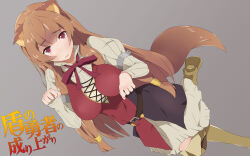 Rule 34 | 1girl, animal ears, belt, black dress, blush, boots, breasts, brown belt, brown boots, brown hair, challenge.b, collared dress, commentary request, copyright name, dress, dutch angle, embarrassed, grey background, high collar, highres, large breasts, leg up, long hair, long sleeves, looking at viewer, metal arm cuffs, metal hair tubes, neck ribbon, parted lips, paw pose, raccoon ears, raccoon girl, raccoon tail, raphtalia, red dress, red eyes, red ribbon, ribbon, short dress, simple background, sleeveless, sleeveless dress, solo, standing, standing on one leg, striped clothes, striped dress, tail, tate no yuusha no nariagari, thigh boots, two-tone dress, vertical-striped clothes, vertical-striped dress, white dress