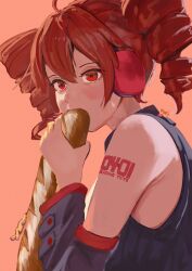 1girl ahoge armpit_crease baguette black_shirt black_sleeves bread breasts detached_sleeves drill_hair eating food from_side hair_between_eyes headphones highres kasane_teto kasane_teto_(utau) looking_at_viewer looking_to_the_side number_tattoo red_background red_eyes red_hair red_tattoo rurikon shirt shoulder_tattoo sleeveless sleeveless_shirt solo sweatdrop tattoo twin_drills upper_body utau