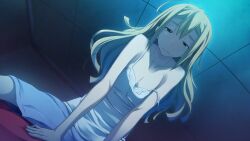 1boy 1girl blonde_hair blue_shorts breasts brown_eyes ceiling cleavage collarbone dim_lighting dutch_angle frown fukuda_tomonori game_cg girl_on_top hair_down hand_on_another&#039;s_stomach highres koujiro_frau lace-trimmed_collar lace-trimmed_tank_top lace_trim looking_at_viewer loungewear messy_hair narrowed_eyes non-web_source official_art pov red_shirt robotics;notes shirt shorts sitting sitting_on_person small_breasts spread_legs straddling strap_pull t-shirt tile_ceiling tiles yashio_kaito