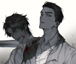 2boys blood blood_on_clothes blood_on_face chanil_(muexlku) collared_shirt dead_rabbits_(identity)_(project_moon) green_eyes heathcliff_(project_moon) highres jacket lapels limbus_company looking_at_viewer meursault_(project_moon) multiple_boys notched_lapels open_mouth parted_bangs project_moon scar scar_on_face shirt simple_background spot_color upper_body wide-eyed
