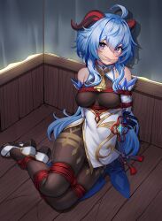 1girl ahoge arms_behind_back bare_shoulders bdsm bell black_pantyhose blue_hair bondage bound bound_arms bound_legs breasts cloth_gag commission detached_sleeves full_body gag ganyu_(genshin_impact) gendo0032 genshin_impact gold_trim high_heels highres horns improvised_gag jewelry long_hair looking_at_viewer medium_breasts neck_bell pantyhose purple_eyes red_rope rope shibari shibari_over_clothes sidelocks sitting solo tassel thighlet thighs vision_(genshin_impact) waist_cape white_sleeves