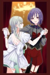 2girls back_bow bang_dream! bang_dream!_it&#039;s_mygo!!!!! black_vest blunt_bangs blurry blurry_background border bow braid brown_thighhighs chandelier closed_mouth commentary_request corset cowboy_shot curtains dancing dress frilled_dress frilled_gloves frills garter_straps gloves gradient_bow green_bow grey_hair grey_shirt gumoyu hair_between_eyes hands_up high-waist_shorts highres holding_hands indoors interlocked_fingers jewelry long_sleeves looking_at_another looking_at_viewer low_twin_braids low_twintails mortis_(bang_dream!) mortis_(costume)_(bang_dream!) multiple_girls necklace official_alternate_costume official_alternate_hairstyle open_mouth pearl_necklace pink_brooch pink_eyes profile purple_hair red_border red_shorts see-through_clothes see-through_sleeves shirt short_hair short_sleeves shorts smile striped_clothes striped_vest thighhighs twin_braids twintails two-tone_bow vertical-striped_clothes vertical-striped_vest vest wakaba_mutsumi white_bow white_dress white_gloves yellow_eyes yuri