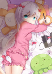 1girl absurdres aqua_eyes bow drawing_tablet eromanga_sensei hair_bow highres holding holding_stylus izumi_sagiri long_hair low-tied_long_hair origami_(poinia) pajamas pink_bow pink_pajamas pink_shorts shorts solo star_(symbol) stuffed_animal stuffed_octopus stuffed_toy stylus teddy_bear tri_tails white_hair