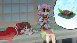2girls bag bandaged_arm bandages black_hair black_sclera bow bun_cover chamaji chinese_clothes colored_sclera commentary_request detached_sleeves double_bun closed_eyes flower food frilled_bow frills hair_bow hair_tubes hakurei_reimu highres ibaraki_kasen leaf medium_hair multiple_girls nontraditional_miko open_mouth outdoors pink_eyes pink_flower pink_hair pink_rose pointy_ears porch puffy_short_sleeves puffy_sleeves red_bow red_shirt red_skirt ribbon-trimmed_sleeves ribbon_trim rose shirt short_hair short_sleeves shouji skirt sleeping sleeveless sleeveless_shirt sliding_doors speech_bubble sweets tabard toothpick touhou tray veranda wagashi wide_sleeves youkan_(food)