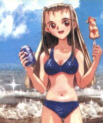 1girl akai_takami beach bikini breasts brown_eyes brown_hair can character_request cleavage drink_can food forehead hair_slicked_back highres large_breasts legs long_hair magazine_scan navel ocean official_art open_mouth scan smile soda_can solo swimsuit thighs water