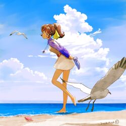 1girl absurdres arms_behind_back barefoot beach belt bird black_eyes blue_gemstone blue_shirt blue_shoes blue_sky bow breasts brown_belt brown_hair closed_mouth cloud collared_shirt conch cumulonimbus_cloud dated day dress feet flying full_body gem hair_bow hashtag-only_commentary highres holding holding_shoes holding_unworn_clothes horizon jewelry leaning_forward looking_at_viewer looking_to_the_side mahou_no_mako-chan medium_breasts necklace ocean outdoors pinafore_dress ponytail sakai_yume seagull seashell shell shirt shoes shore short_dress signature sky sleeveless sleeveless_dress smile solo standing standing_on_one_leg unworn_shoes urashima_mako wading water white_dress yellow_bow