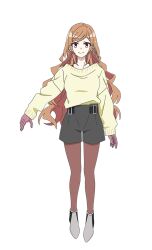1girl dark_gathering gloves houzuki_eiko long_hair looking_at_viewer orange_hair pink_gloves pink_socks red_eyes shorts simple_background smile socks sweater transparent_background very_long_hair yellow_sweater