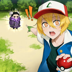 ! !! +_+ 1boy 1girl ash_ketchum ash_ketchum_(cosplay) black_hair black_shirt blonde_hair blue_jacket bush claws coat cosplay creatures_(company) don_quixote_(project_moon) e.g.o_(project_moon) electric_screaming_(e.g.o) fingerless_gloves forest fur_coat game_freak gloves grass green_gloves hair_between_eyes highres horns jacket lightning limbus_company meme meursault_(project_moon) nature nintendo poke_ball pokemon project_moon purple_eyes sasoura sheep_horns shirt two_soyjaks_pointing_(meme) yellow_eyes
