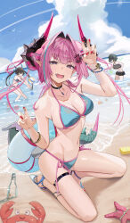3girls absurdres arknights arknights:_endfield auguste ball beach beachball black_hair blue_sky bottle bracelet breasts chen_qianyu_(arknights) chinese_commentary cleavage commentary_request crab dragon_girl dragon_horns endministrator_(arknights) eye_mask female_endministrator_(arknights) hair_intakes highres horns jewelry large_breasts long_hair miniskirt multicolored_hair multiple_girls navel ocean open_mouth pink_hair pointy_ears red_nails sandals skirt sky starfish stomach swimsuit tail teeth thigh_strap twintails two-tone_hair yvonne_(arknights)