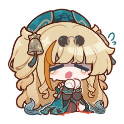 Rule 34 | 1girl, bell, blonde hair, chibi, chibi only, chinese clothes, commentary, emoji, english commentary, eyewear on head, flying sweatdrops, green hat, hair bell, hair ornament, hat, honkai (series), honkai impact 3rd, long hair, multicolored hair, official alternate costume, official art, open mouth, orange hair, solo, songque, songque (jovial deception: shadowdimmer), streaked hair, sunglasses, tearing up, transparent background, two side up