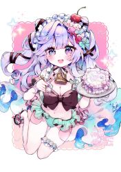 1girl :d bell bikini black_bow blueberry blush bow breasts cake cleavage commission food food-themed_hair_ornament frilled_thigh_strap frills fruit green_bikini hair_ornament highres himegamik holding large_breasts long_hair looking_at_viewer maid_headdress navel neck_bell open_mouth otogi_nemu purple_eyes purple_hair re:act sandals sensitive smile solo strawberry swimsuit thigh_strap
