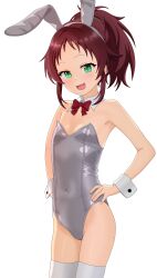 1boy 1girl absurdres aisha_greyrat animal_ear_hairband animal_ears bow bowtie covered_navel cowboy_shot detached_collar fake_animal_ears flat_chest green_eyes grey_leotard hairband hand_in_pocket highres kurwik leotard long_hair mushoku_tensei playboy_bunny rabbit_ears red_bow red_bowtie red_hair silver_leotard simple_background smile solo strapless strapless_leotard thighhighs white_background white_thighhighs wrist_cuffs