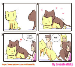 1boy 2girls 4koma animal_ears blonde_hair brown_hair cat character_request child comic dry_humping frottage greenteaneko hetero humping multiple_girls sequential text_focus