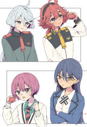 4girls absurdres ahoge amate_yuzuriha asticassia_school_uniform black_hair food gundam gundam_gquuuuuux gundam_suisei_no_majo haekel hairband highres holding holding_food in-franchise_crossover long_hair miorine_rembran multiple_girls nyaan_(gundam_gquuuuuux) red_hair school_uniform short_hair smile suletta_mercury tomato white_hair