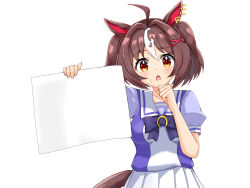 1girl ahoge blurry blurry_background breasts brown_eyes brown_hair clenched_hand collarbone commentary_request confused curtains gran_alegria_(umamusume) hair_ornament hen_na_ie_(uketsu) highres holding horse_girl looking_at_viewer medium_breasts medium_hair paper ribbon school_uniform simple_background solo sweat umamusume white_background x_hair_ornament yashimo_1875