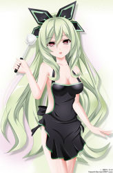 10s 1girl apron bare_shoulders bow female_focus green_hair hair_bow hair_ornament hakozaki_chika keenh long_hair looking_at_viewer naked_apron neptune_(series) open_mouth red_eyes smile solo very_long_hair