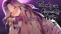 1girl :q absurdres bent_over blush bow breasts character_request cleavage commission copyright_request dress earrings flower frilled_arm_strap gold_collar heart heart-shaped_pupils highres jewelry large_breasts necklace pink_dress pink_flower pink_rose purple_bow purple_eyes purple_hair rose saliva skeb_commission solo sui_hi_sf symbol-shaped_pupils thank_you tongue tongue_out