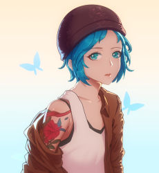 1girl arm_tattoo beanie blue_eyes blue_hair brown_jacket bug butterfly chloe_price female_focus hat insect jacket kokoala life_is_strange_(series) life_is_strange_1 looking_at_viewer off_shoulder open_clothes open_jacket parted_lips short_hair solo tank_top tattoo upper_body