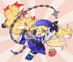 animalization axel_syrios blonde_hair blue_dress blue_eyes blue_hat blue_shoes chain chibi dog dokibird dress green_eyes hat highres holostars holostars_english indie_virtual_youtuber licwiz_1103 long_hair multiple_tails shoes tail tongue tongue_out twintails