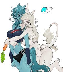 2girls animal_ears blue_eyes blue_hair blue_sports_bra blue_tail breasts bridle carrot closed_mouth colored_sclera commentary cowboy_shot cyan_(horse_race_tests) english_commentary food foot_out_of_frame furry furry_female grey_sclera hair_between_eyes highres holding holding_carrot holding_food horns horse_ears horse_girl horse_race_tests horse_tail hug hug_from_behind looking_at_viewer mask medium_breasts motion_lines multiple_girls navel official_art_inset raccoattack reference_inset simple_background single_horn smile sports_bikini sports_bra sportswear superstitional_realism sweat tail unicorn_girl unicorn_horn white_background white_eyes white_hair white_sports_bra white_tail yuri