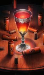 bottle chalice commentary cork cup fate/grand_order fate_(series) glowing lasengle no_humans object_focus official_art red_theme still_life table third-party_source