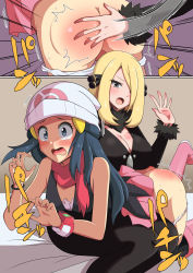 2girls absurdres ass b-cheese bare_shoulders beanie blonde_hair blue_eyes blue_hair blush boots breasts clothes_lift coat cynthia_(pokemon) dawn_(pokemon) deep_skin from_behind green_eyes hair_ornament hair_over_one_eye hat highres large_breasts long_hair multiple_girls nintendo open_mouth over_knee panties panty_pull pokemon pokemon_dppt red_ass shiny_clothes shiny_skin skirt skirt_lift spanked spanking tears translation_request underwear