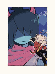 Rule 34 | 1boy, 1other, ant tenna, black pants, black wings, blue hair, blue skin, border, colored skin, commentary request, crt, deltarune, demon horns, demon wings, heart, horns, jacket, kris (dark world) (deltarune), kris (deltarune), mini person on shoulder, necktie, object head, pants, partially shaded face, rechain, red jacket, signature, star (symbol), white border, wings, yellow necktie