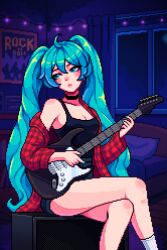 1girl absurdres aqua_eyes aqua_hair aseprite_(medium) bed bookshelf breasts choker cleavage collarbone commentary crossed_legs english_commentary english_text hatsune_miku highres indoors long_hair pixel_art sitting solo twintails very_long_hair vocaloid window wooden_floor yumykon