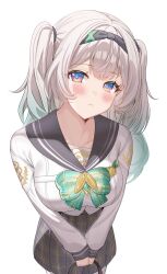 Rule 34 | 1girl, absurdres, blue eyes, blush, bow, bowtie, breasts, closed mouth, commentary request, devl ga aru, firefly (honkai: star rail), firefly (spring missive) (honkai: star rail), gradient eyes, gradient hair, green bow, green bowtie, grey hair, grey hairband, grey sailor collar, grey skirt, hair between eyes, hair intakes, hair tie, hairband, highres, holding, honkai: star rail, honkai (series), large breasts, long hair, looking at viewer, multicolored eyes, multicolored hair, own hands together, pleated skirt, sailor collar, simple background, skirt, solo, twintails, white background