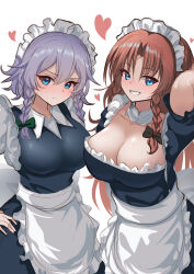 2girls absurdres alternate_costume apron arm_up blue_eyes blush bow braid breasts cleavage commentary feet_out_of_frame grey_hair grin hair_bow hand_on_own_hip heart highres hong_meiling izayoi_sakuya light_frown long_hair looking_at_viewer maid maid_apron maid_headdress multiple_girls red_hair short_hair smile tofuandsoup touhou twin_braids white_background