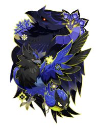 Rule 34 | absurdres, armor, beak, black feathers, blue feathers, blue flower, corviknight, corvisquire, feathers, floral print, flower, gen 8 pokemon, highres, metal skin, multicolored eyes, nintendo, no humans, ou331, outline, pokemon, pokemon (creature), pokemon focus, red eyes, rookidee, simple background, talons, two-tone eyes, white background, wings, yellow eyes