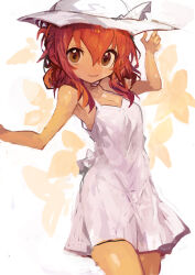 1girl :3 absurdres alternate_costume bare_shoulders breasts brown_eyes brown_hair closed_mouth commentary_request dress hat highres inazuma_(kancolle) kaamin_(mariarose753) kantai_collection looking_at_viewer simple_background sleeveless sleeveless_dress small_breasts solo sun_hat sundress white_dress white_hair