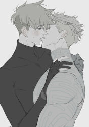 2boys absurdres blonde_hair blush bodysuit brothers gloves grey_bodysuit hand_on_another&#039;s_shoulder highres imminent_kiss incest limited_palette looking_at_another male_focus mechanical_arms millions_knives monochrome multiple_boys muscular muscular_male parted_lips partially_fingerless_gloves pectorals prosthesis prosthetic_arm siblings simple_background single_mechanical_arm skin_tight tenpura trigun trigun_stampede turtleneck undercut upper_body vash_the_stampede white_background yaoi