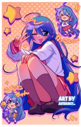 ! !! &gt;_&lt; astersky blue_hair cheerleader chibi chibi_inset convenient_leg dress green_eyes highres izumi_konata loafers long_hair lucky_star mole mole_under_eye multiple_views one_eye_closed open_mouth pink_sailor_collar pink_skirt polka_dot polka_dot_background pom_pom_(cheerleading) purple_dress ryouou_school_uniform sailor_collar school_uniform serafuku shirt shoes skirt squatting star_(symbol) v white_shirt
