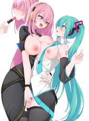 2girls absurdres aqua_eyes aqua_hair arm_around_waist arm_tattoo black_dress blue_eyes blush breast_press breasts breasts_out censored dress female_focus female_pervert fingering hatsune_miku headphones heart heart-shaped_pupils heart_censor highres lipstick long_hair looking_at_another makeup megurine_luka microphone multiple_girls necktie nipples number_tattoo pervert pink_hair shirt skirt sleeveless sleeveless_shirt sweat symbol-shaped_pupils tattoo thighhighs twintails vocaloid white_background yuri
