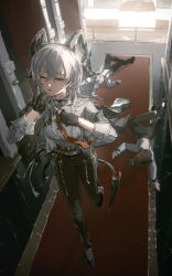 1girl absurdres black_eyes black_gloves black_horns black_jacket black_pants black_shoes black_tail breasts chest_harness chinese_commentary collared_shirt commentary_request curled_horns demon_tail gloves grey_hair half-closed_eye harness highres horns indoors jacket jacket_on_shoulders long_hair medium_breasts mole mole_under_eye necktie one_eye_closed pants parted_lips people red_necktie shirt shirt_tucked_in shoes solo_focus tail white_shirt wuthering_waves yawning zadun zani_(wuthering_waves)
