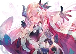 absurdres black_gloves blue_eyes blush braid breasts christmas draph dress fur-trimmed_dress fur_trim gloves granblue_fantasy hair_ornament hair_over_one_eye highres horns large_breasts light_purple_hair long_hair low_tied_hair mayutsuba_mono narmaya_(granblue_fantasy) narmaya_(holiday)_(granblue_fantasy) outstretched_arm pointy_ears purple_hair red_dress single_braid snowman_hair_ornament solo white_background